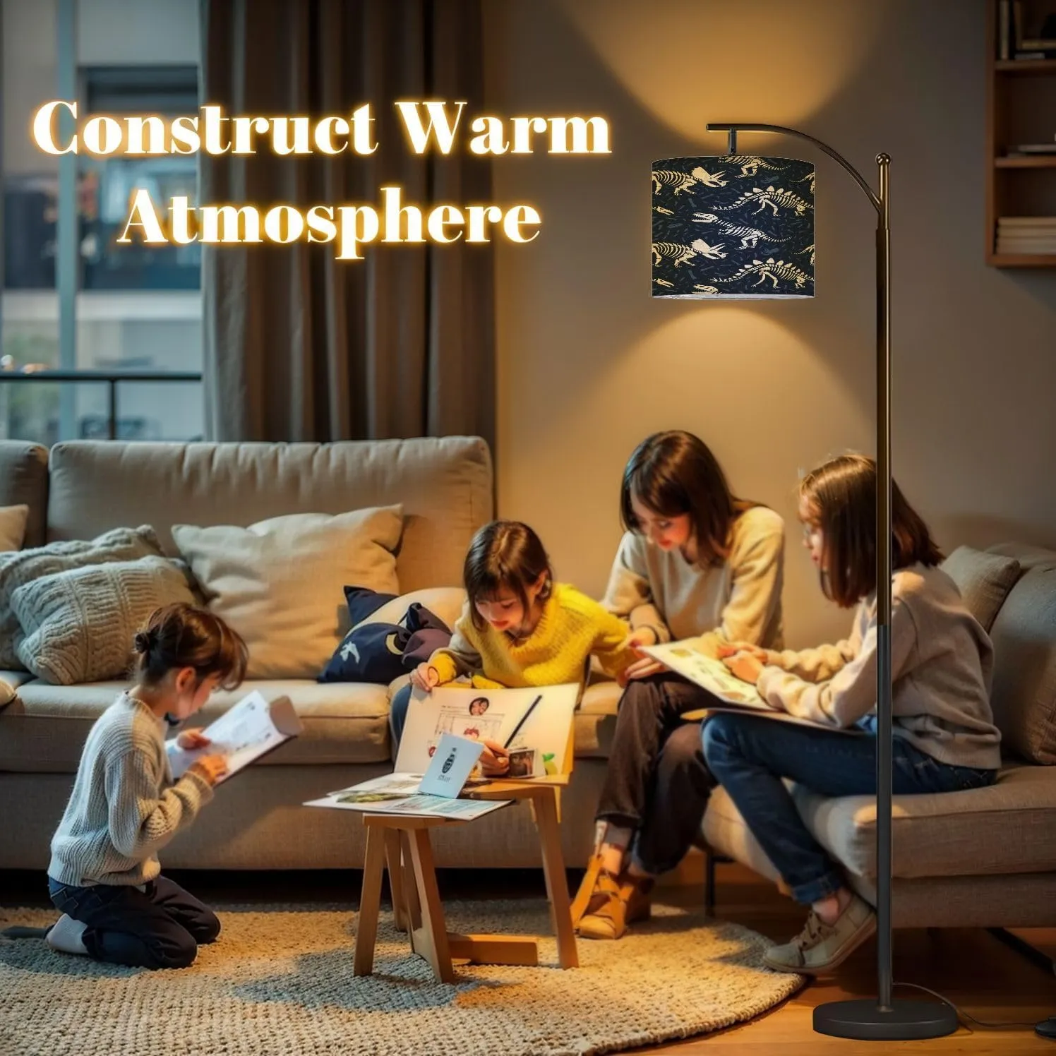 Arc Floor Lamps Dinosaurs Skeletons Seamless Pattern Dark Blue Bones Children Textile Modern LED Adjustable Lampshade Standing Light for Living Room Reading Bedroom Office