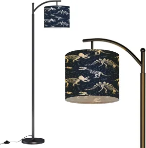 Arc Floor Lamps Dinosaurs Skeletons Seamless Pattern Dark Blue Bones Children Textile Modern LED Adjustable Lampshade Standing Light for Living Room Reading Bedroom Office