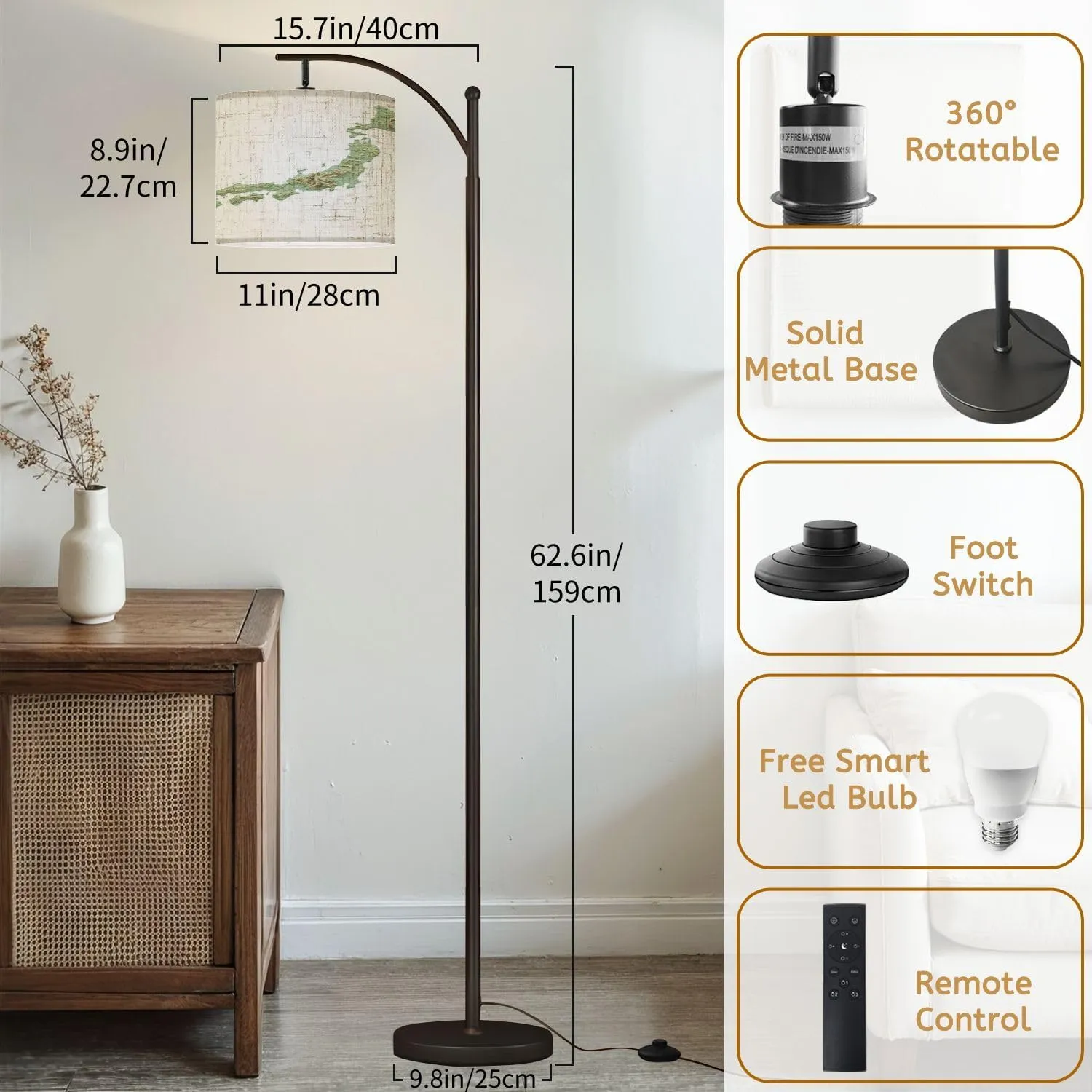 Arc Floor Lamps Japan Topographic Relief Map 3D Render Modern LED Adjustable Lampshade Standing Light for Living Room Reading Bedroom Office