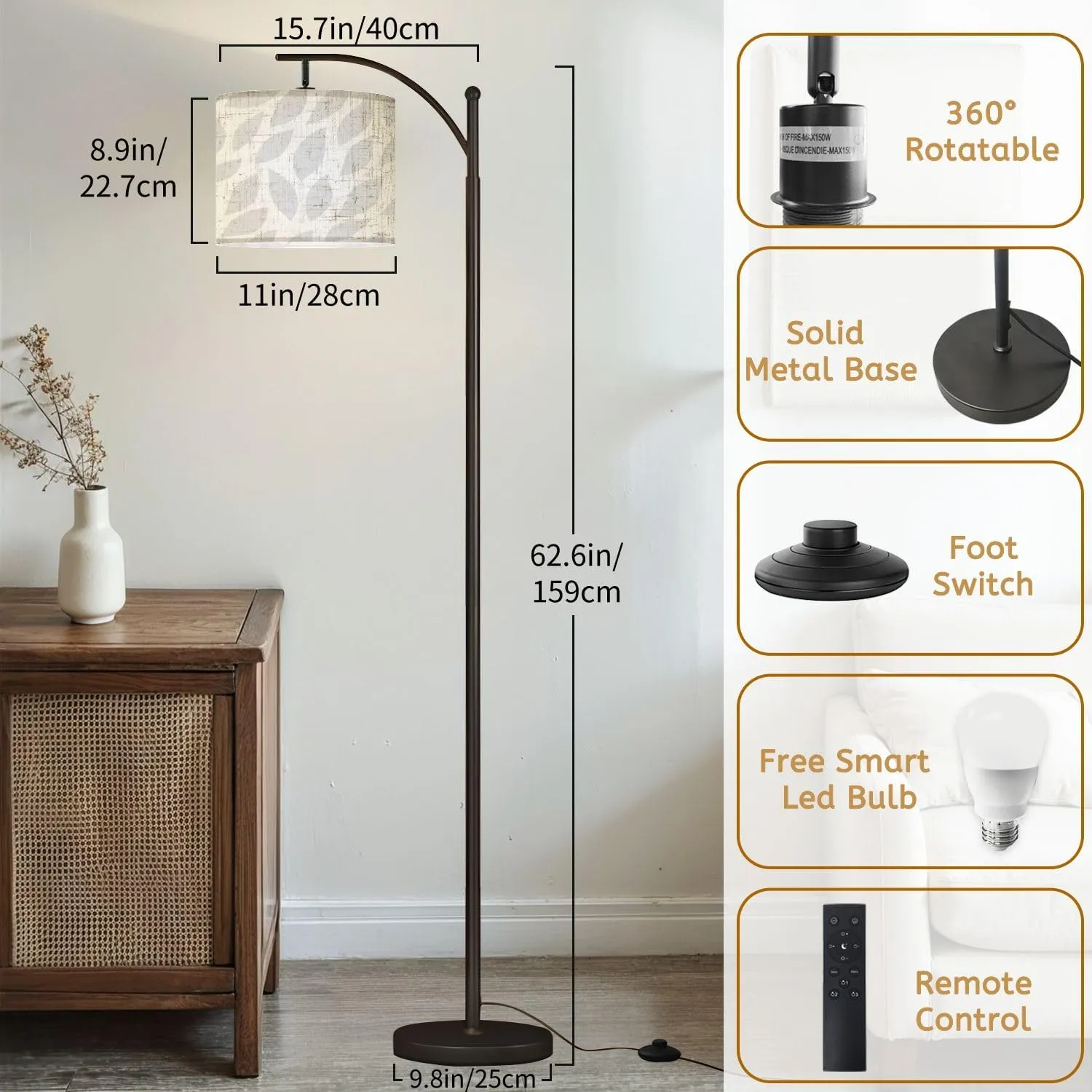 Arc Floor Lamps Light Gray Seamless Leaf Patterned Modern LED Adjustable Lampshade Standing Light for Living Room Reading Bedroom Office