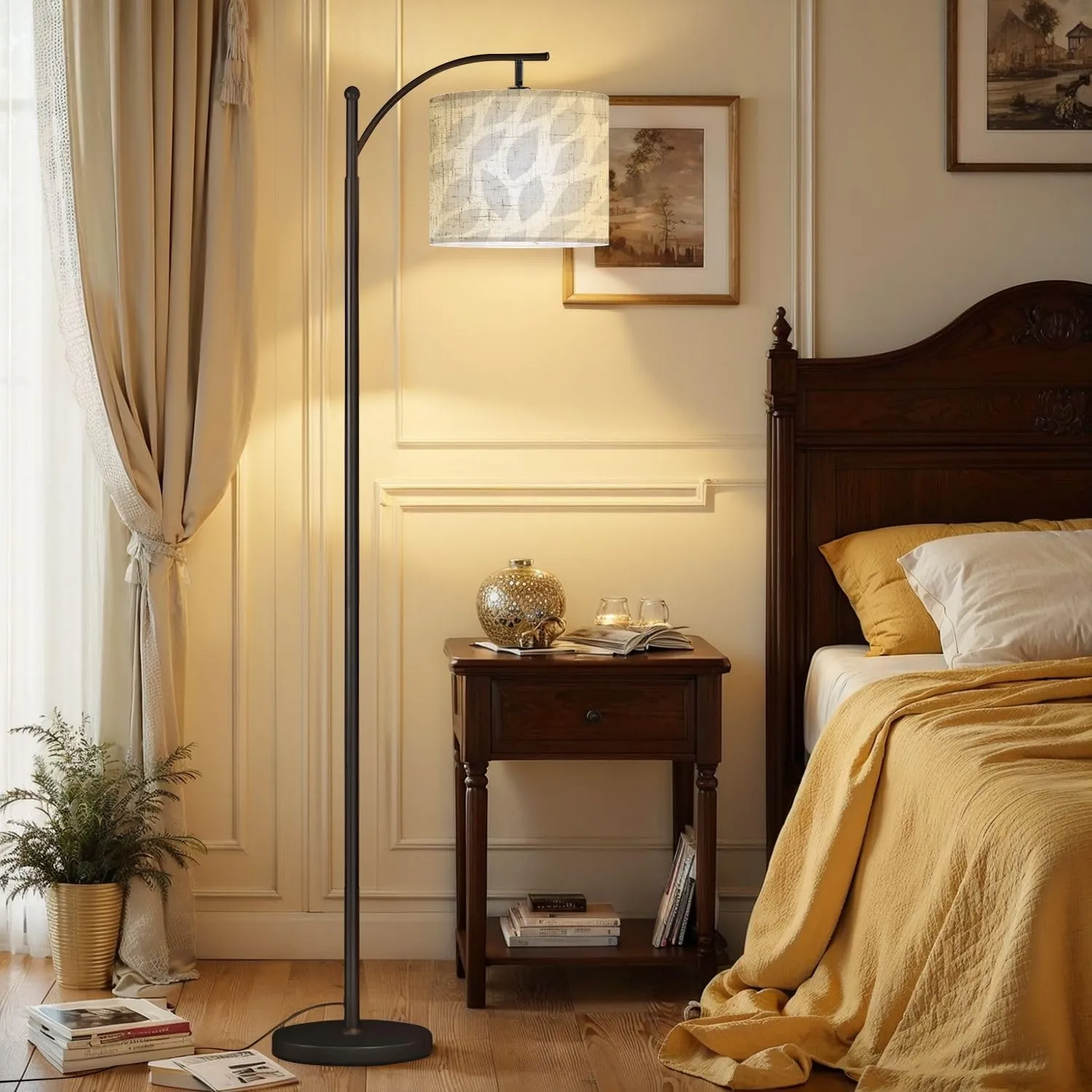 Arc Floor Lamps Light Gray Seamless Leaf Patterned Modern LED Adjustable Lampshade Standing Light for Living Room Reading Bedroom Office