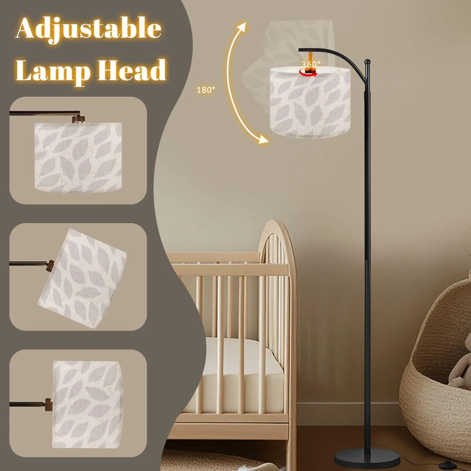 Arc Floor Lamps Light Gray Seamless Leaf Patterned Modern LED Adjustable Lampshade Standing Light for Living Room Reading Bedroom Office