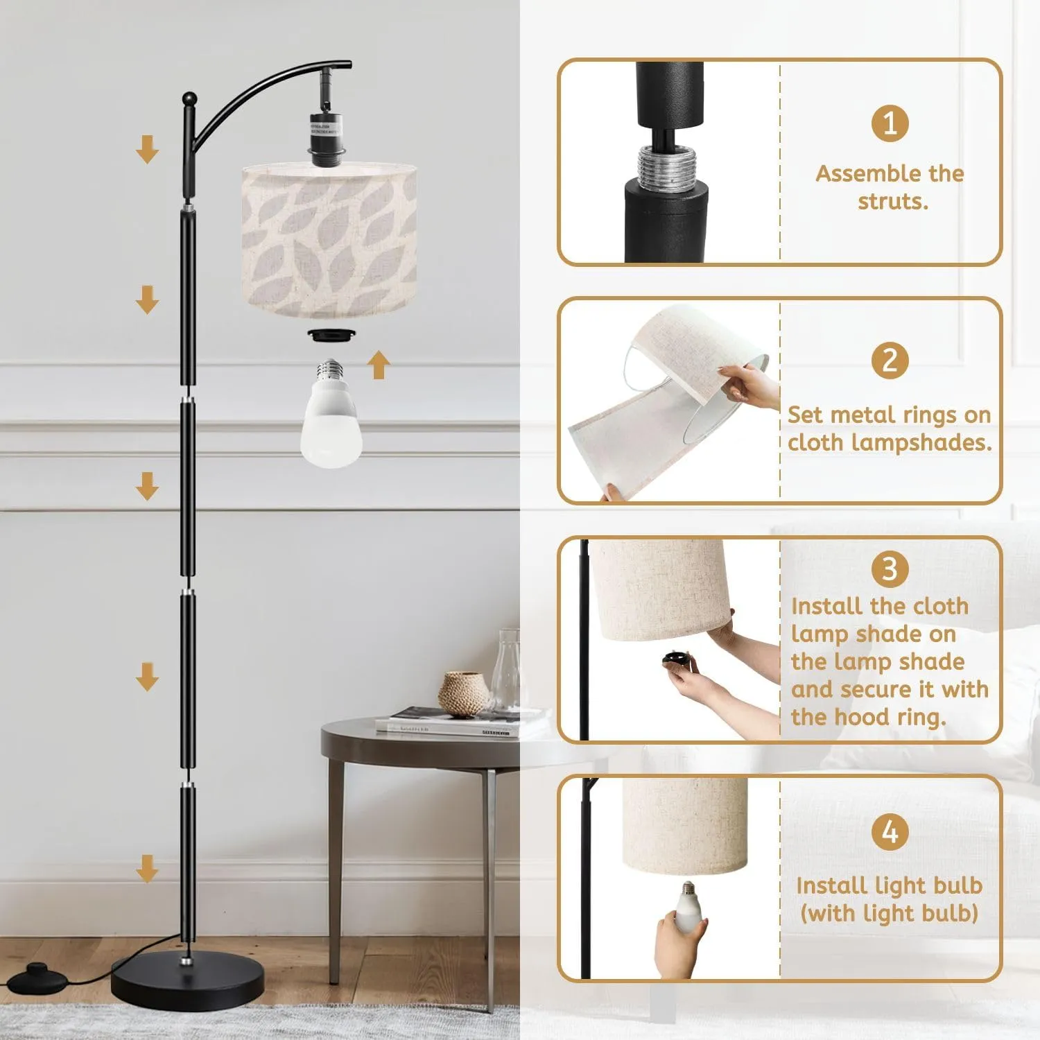 Arc Floor Lamps Light Gray Seamless Leaf Patterned Modern LED Adjustable Lampshade Standing Light for Living Room Reading Bedroom Office