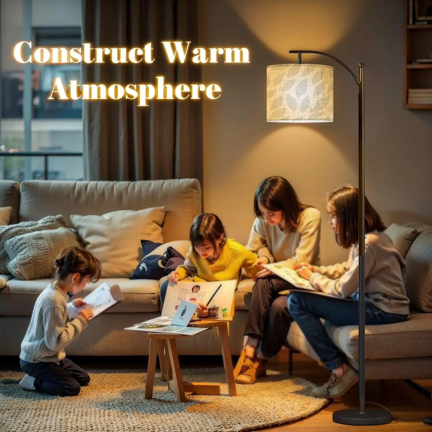 Arc Floor Lamps Light Gray Seamless Leaf Patterned Modern LED Adjustable Lampshade Standing Light for Living Room Reading Bedroom Office