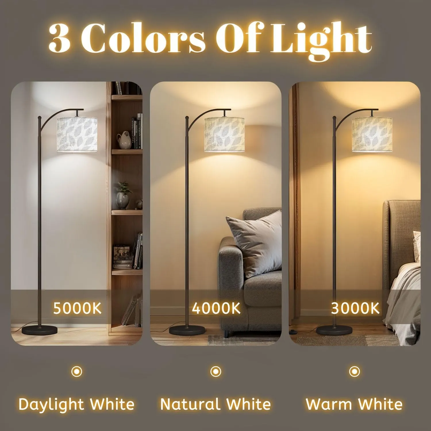 Arc Floor Lamps Light Gray Seamless Leaf Patterned Modern LED Adjustable Lampshade Standing Light for Living Room Reading Bedroom Office