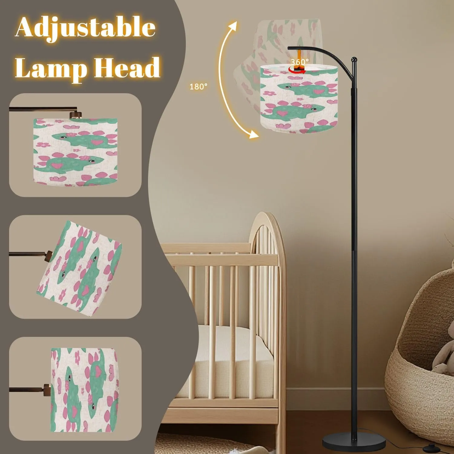 Arc Floor Lamps Little Dinosaur Girl Seamless Pattern Hand Drawn Summer Print for Kids Modern LED Adjustable Lampshade Standing Light for Living Room Reading Bedroom Office