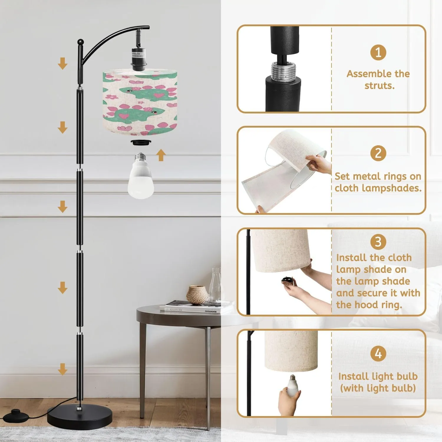 Arc Floor Lamps Little Dinosaur Girl Seamless Pattern Hand Drawn Summer Print for Kids Modern LED Adjustable Lampshade Standing Light for Living Room Reading Bedroom Office