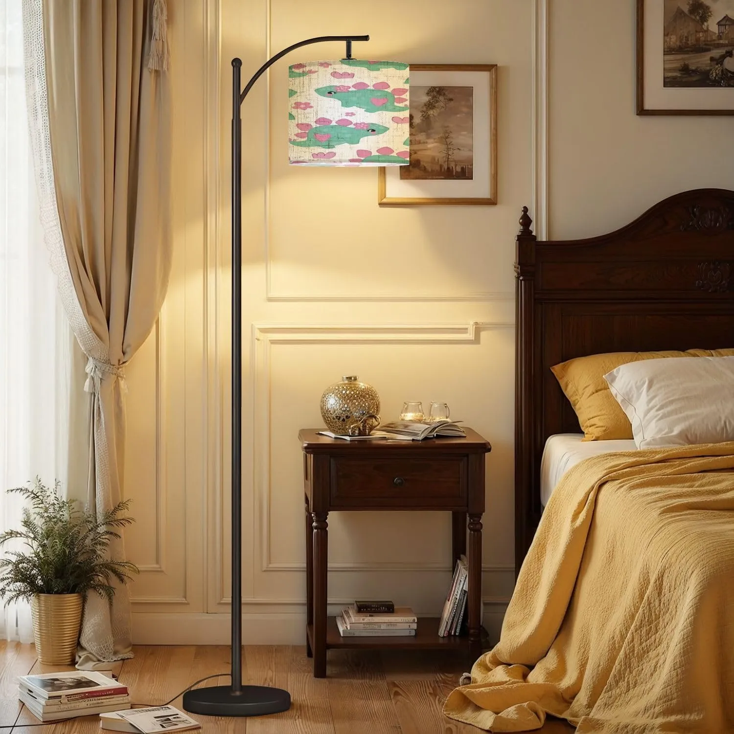 Arc Floor Lamps Little Dinosaur Girl Seamless Pattern Hand Drawn Summer Print for Kids Modern LED Adjustable Lampshade Standing Light for Living Room Reading Bedroom Office
