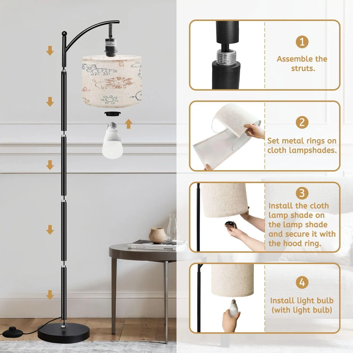 Arc Floor Lamps Seamless Pattern Cartoon Jungle Animals Lion Elephant Giraffe Monkey Modern LED Adjustable Lampshade Standing Light for Living Room Reading Bedroom Office
