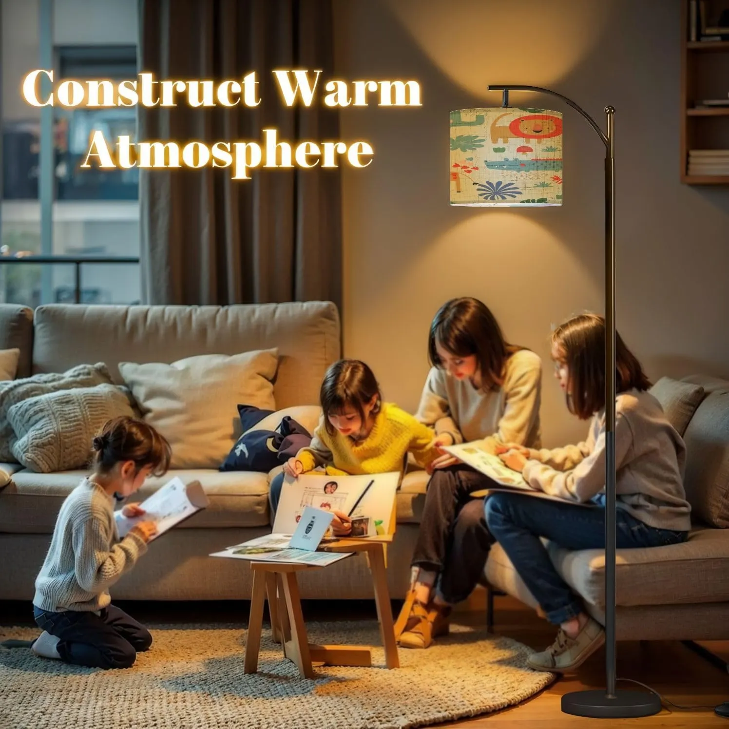 Arc Floor Lamps Seamless Pattern Jungle Animals Elephant Giraffe Crocodile Hand Drawn Modern LED Adjustable Lampshade Standing Light for Living Room Reading Bedroom Office