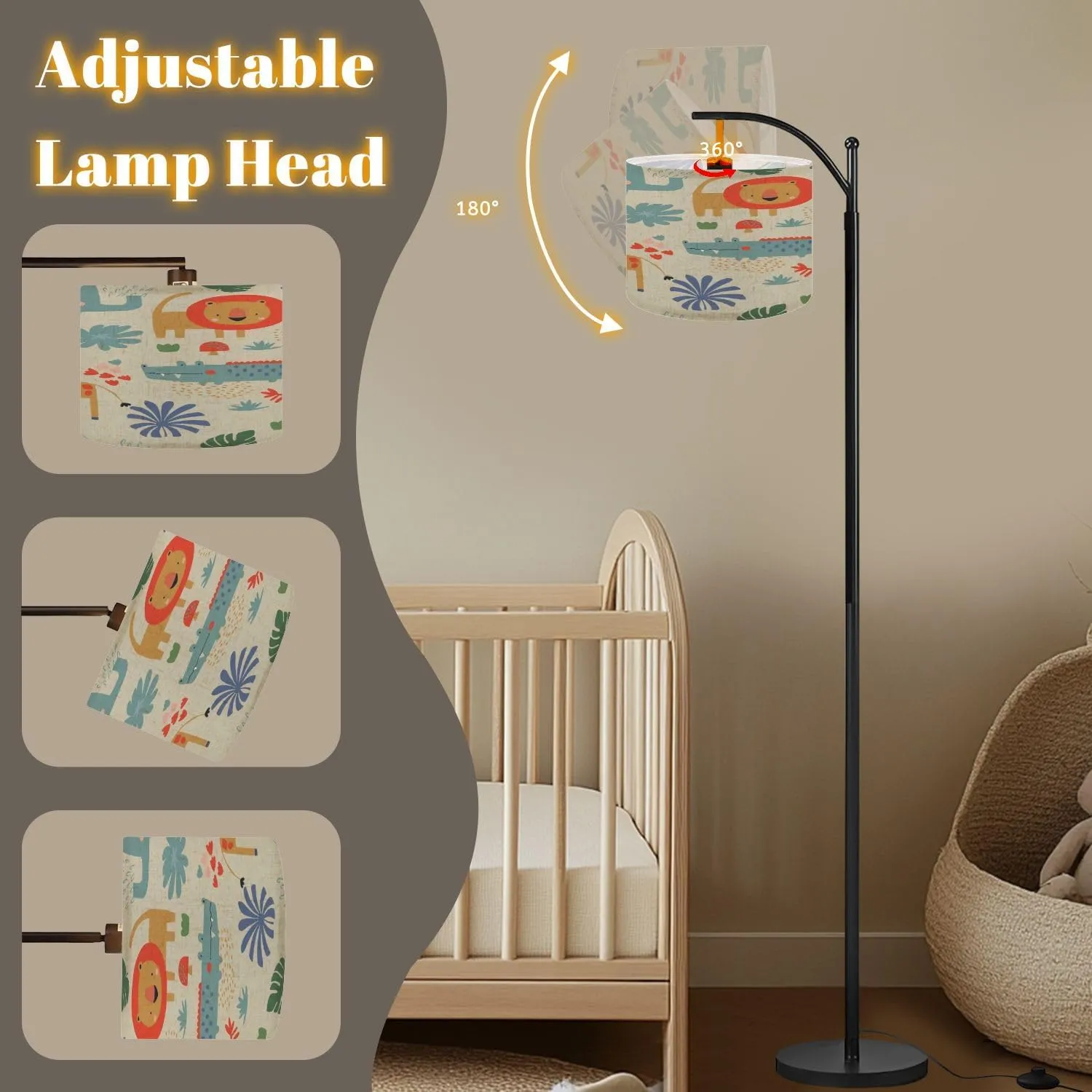 Arc Floor Lamps Seamless Pattern Jungle Animals Elephant Giraffe Crocodile Hand Drawn Modern LED Adjustable Lampshade Standing Light for Living Room Reading Bedroom Office