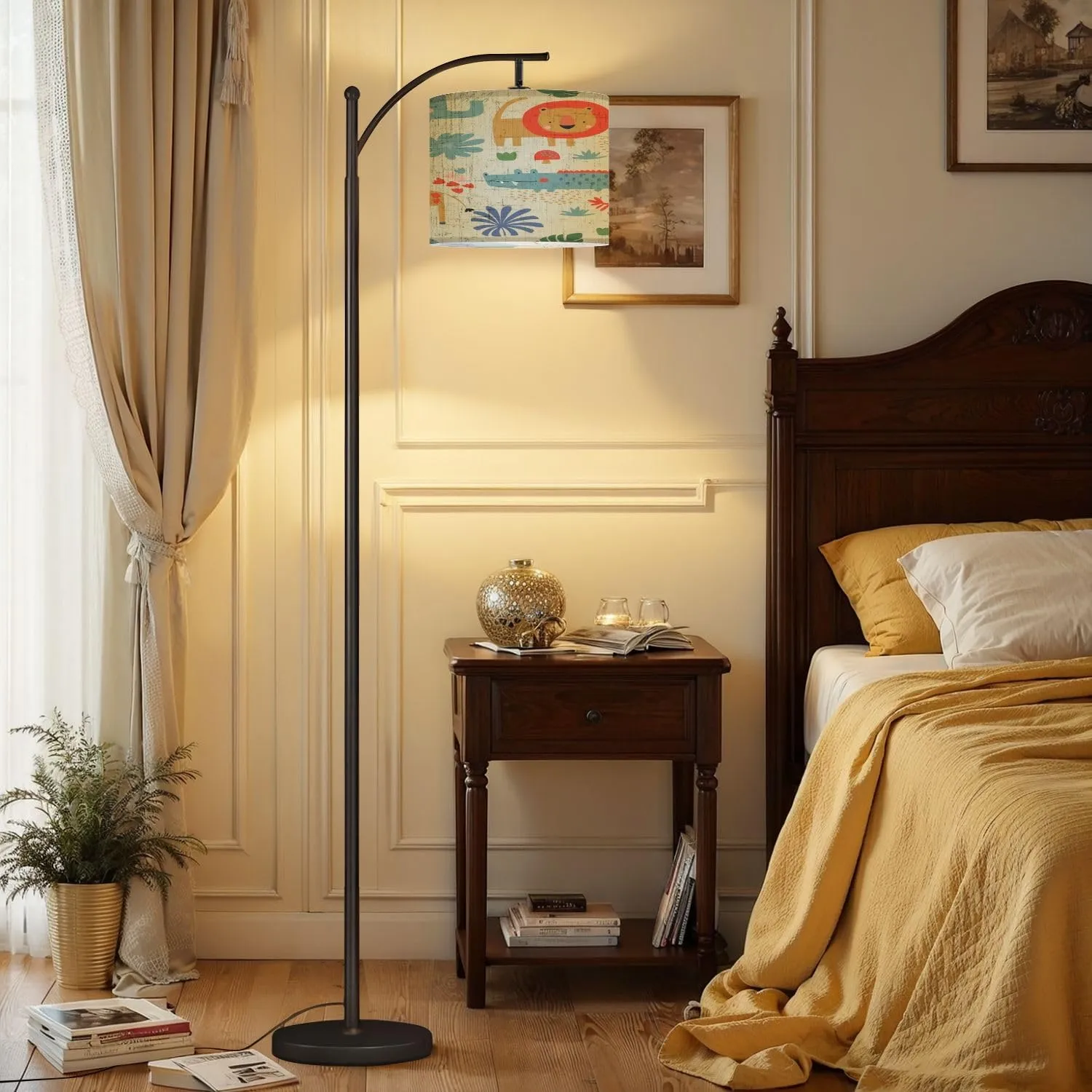 Arc Floor Lamps Seamless Pattern Jungle Animals Elephant Giraffe Crocodile Hand Drawn Modern LED Adjustable Lampshade Standing Light for Living Room Reading Bedroom Office