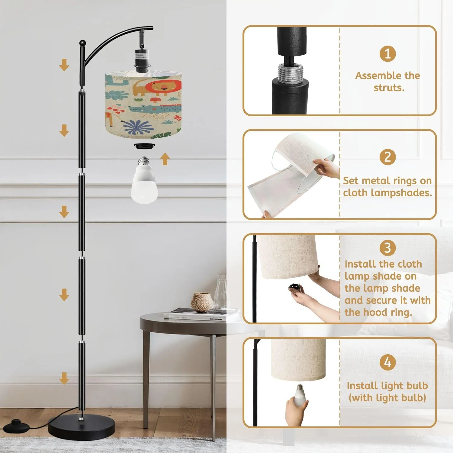 Arc Floor Lamps Seamless Pattern Jungle Animals Elephant Giraffe Crocodile Hand Drawn Modern LED Adjustable Lampshade Standing Light for Living Room Reading Bedroom Office