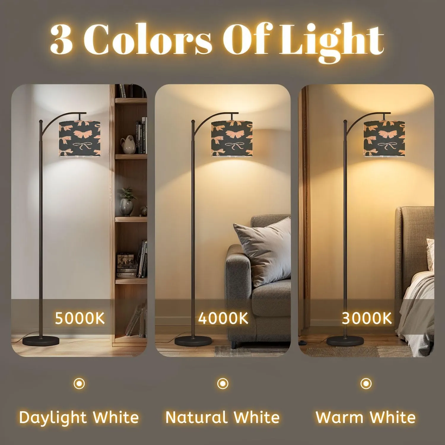 Arc Floor Lamps Seamless Pattern Various Peach Colored Feminine Bows Hearts Charcoal Modern LED Adjustable Lampshade Standing Light for Living Room Reading Bedroom Office