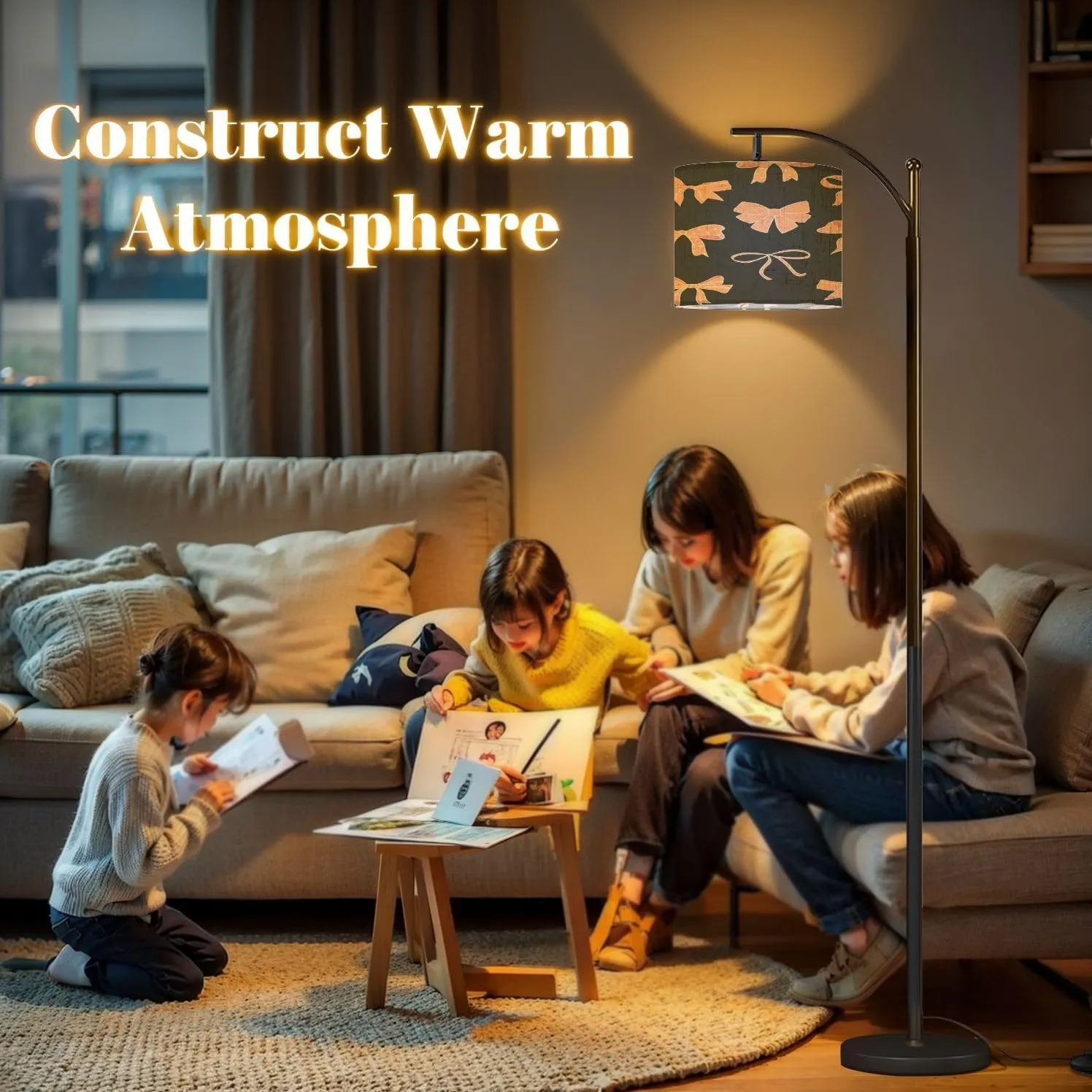 Arc Floor Lamps Seamless Pattern Various Peach Colored Feminine Bows Hearts Charcoal Modern LED Adjustable Lampshade Standing Light for Living Room Reading Bedroom Office
