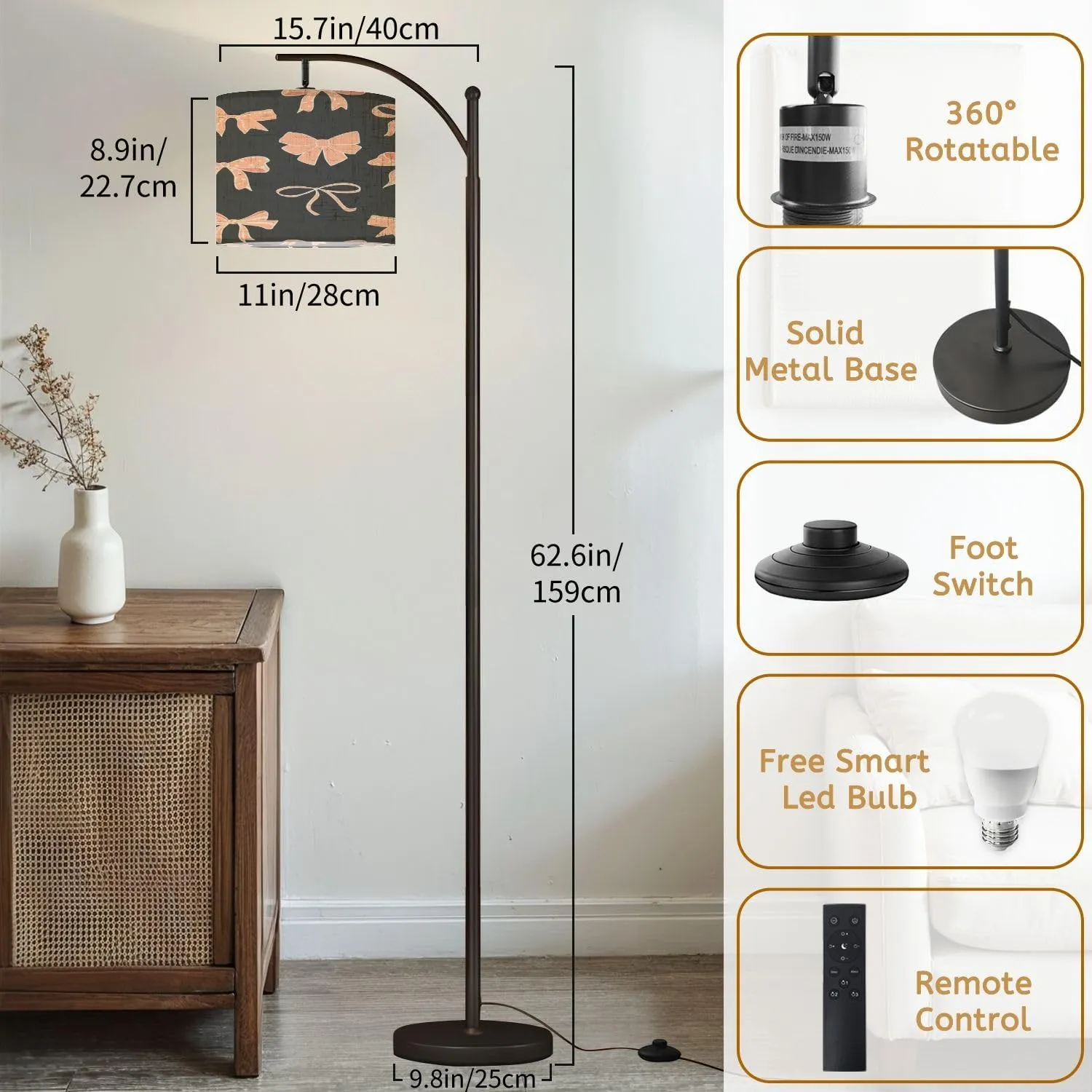 Arc Floor Lamps Seamless Pattern Various Peach Colored Feminine Bows Hearts Charcoal Modern LED Adjustable Lampshade Standing Light for Living Room Reading Bedroom Office