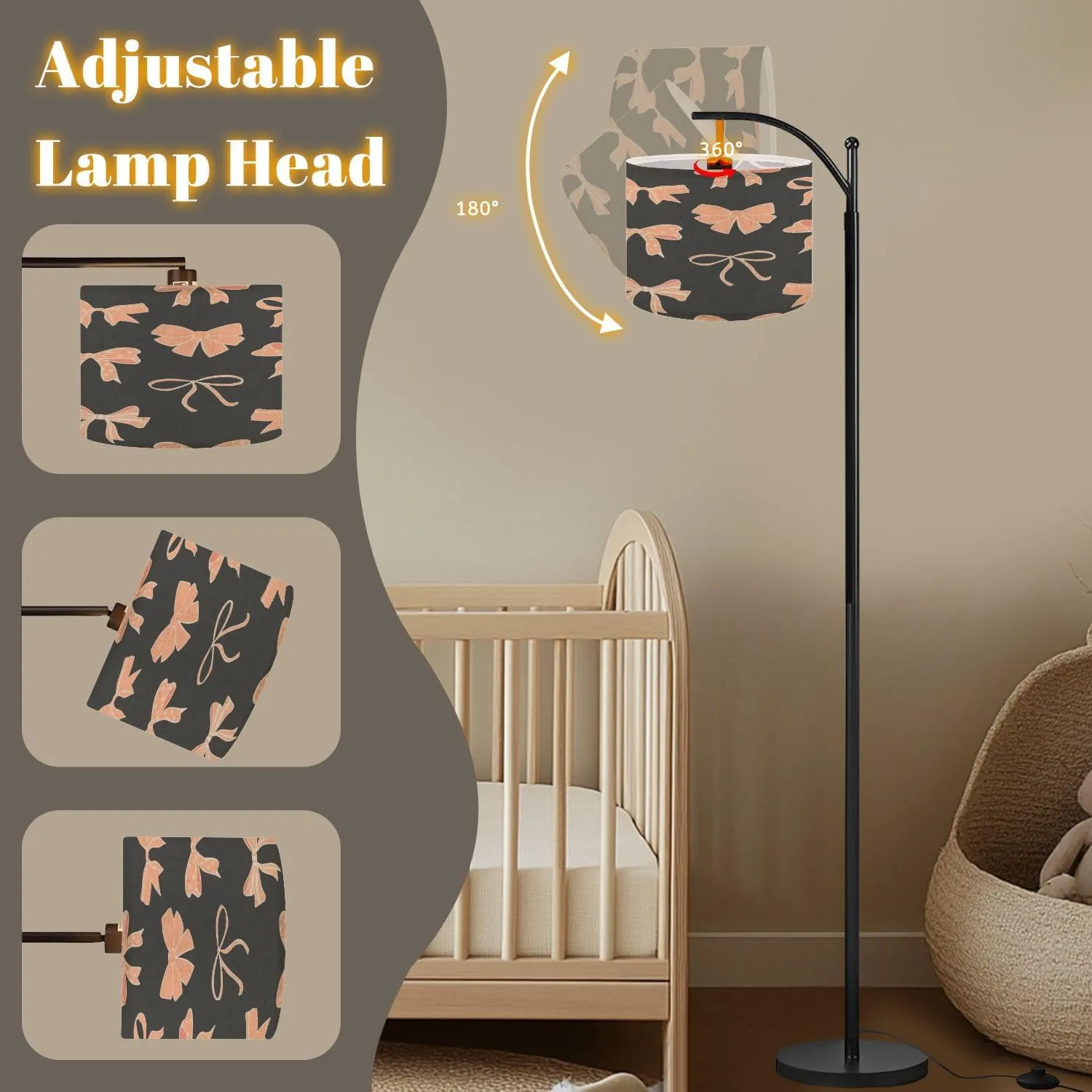 Arc Floor Lamps Seamless Pattern Various Peach Colored Feminine Bows Hearts Charcoal Modern LED Adjustable Lampshade Standing Light for Living Room Reading Bedroom Office