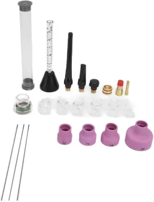 Argon Arc Welding Nozzle Kit with Gas Flowmeter, Complete Torch Accessories Set for WP 17/18/26, High Quality Ceramic Material, Built In Filter, Tungsten Needles and Nozzles Inc