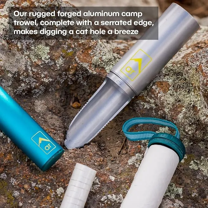 Backpacking Trowel Toilet Kit - Includes Aluminum Camping Shovel, Toilet Paper, Packout Bags, Soap Flakes & Compressed Towelettes