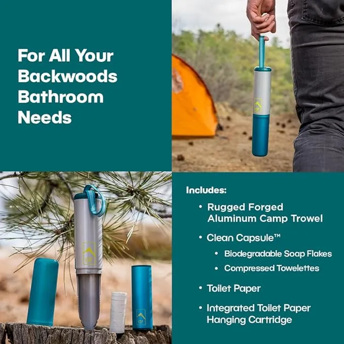 Backpacking Trowel Toilet Kit - Includes Aluminum Camping Shovel, Toilet Paper, Packout Bags, Soap Flakes & Compressed Towelettes