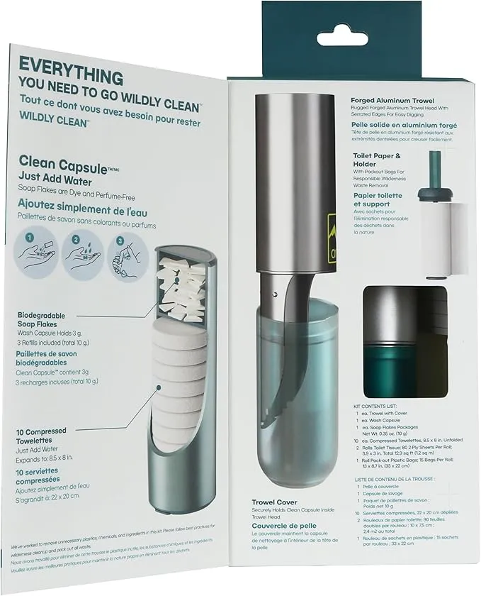 Backpacking Trowel Toilet Kit - Includes Aluminum Camping Shovel, Toilet Paper, Packout Bags, Soap Flakes & Compressed Towelettes