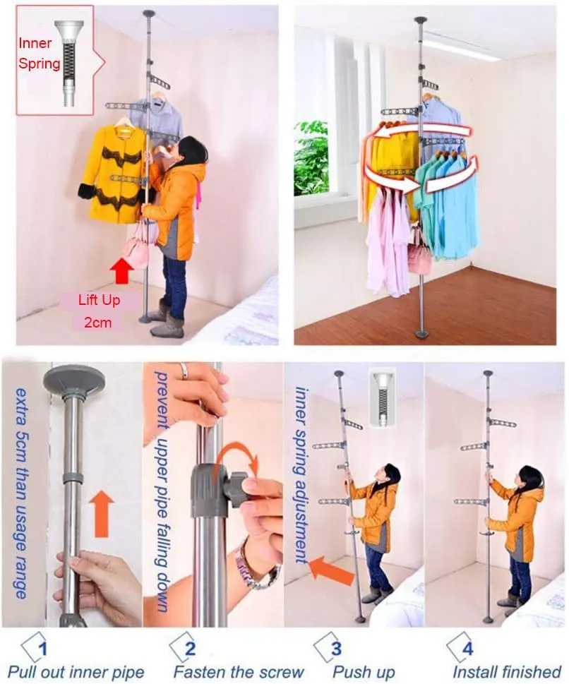 BAOYOUNI 4-Tier Standing Clothes Laundry Drying Rack Coat Hanger Organizer Floor to Ceiling Adjustable Metal Corner Tension Pole, Grey