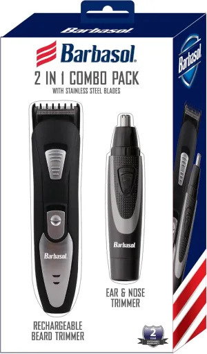 Barbasol Beard Trimmer for Men & Ear and Nose Trimmer Set, 2 in 1 Trimmer Set with Stainless Steel Blades, Rechargeable Beard Trimmer & Battery Powered Nose and Ear Trimmer Travel set with Travel Bag
