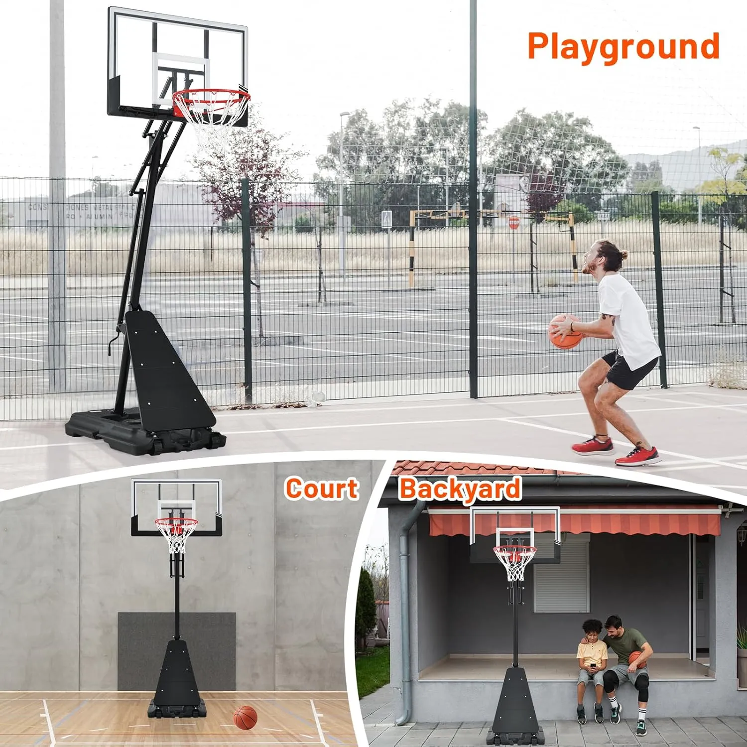 Basketball Hoop 48 Inch Backboard Portable Basketball Hoop Outdoor,5.3-10ft Stepless Regulation Crank Adjust Basketball Goal System