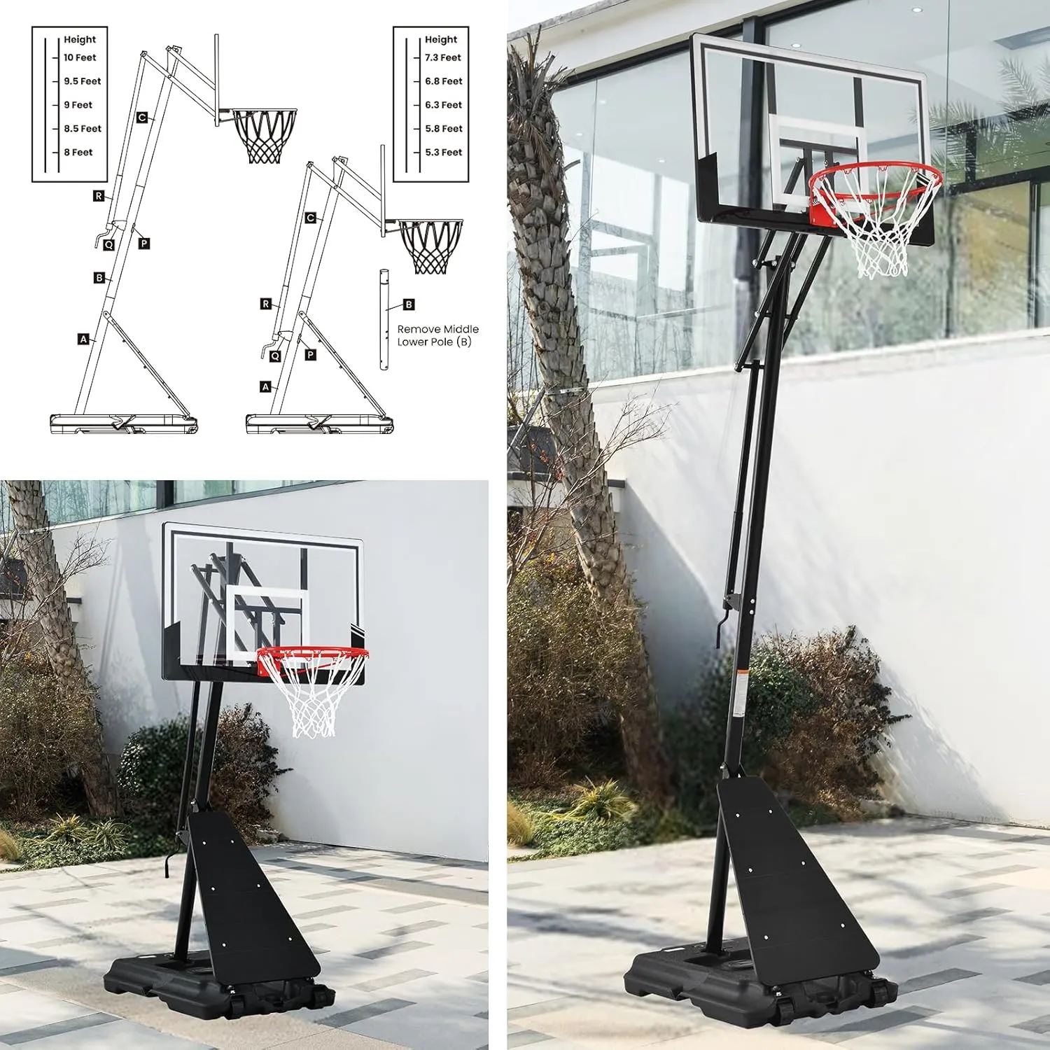 Basketball Hoop 48 Inch Backboard Portable Basketball Hoop Outdoor,5.3-10ft Stepless Regulation Crank Adjust Basketball Goal System