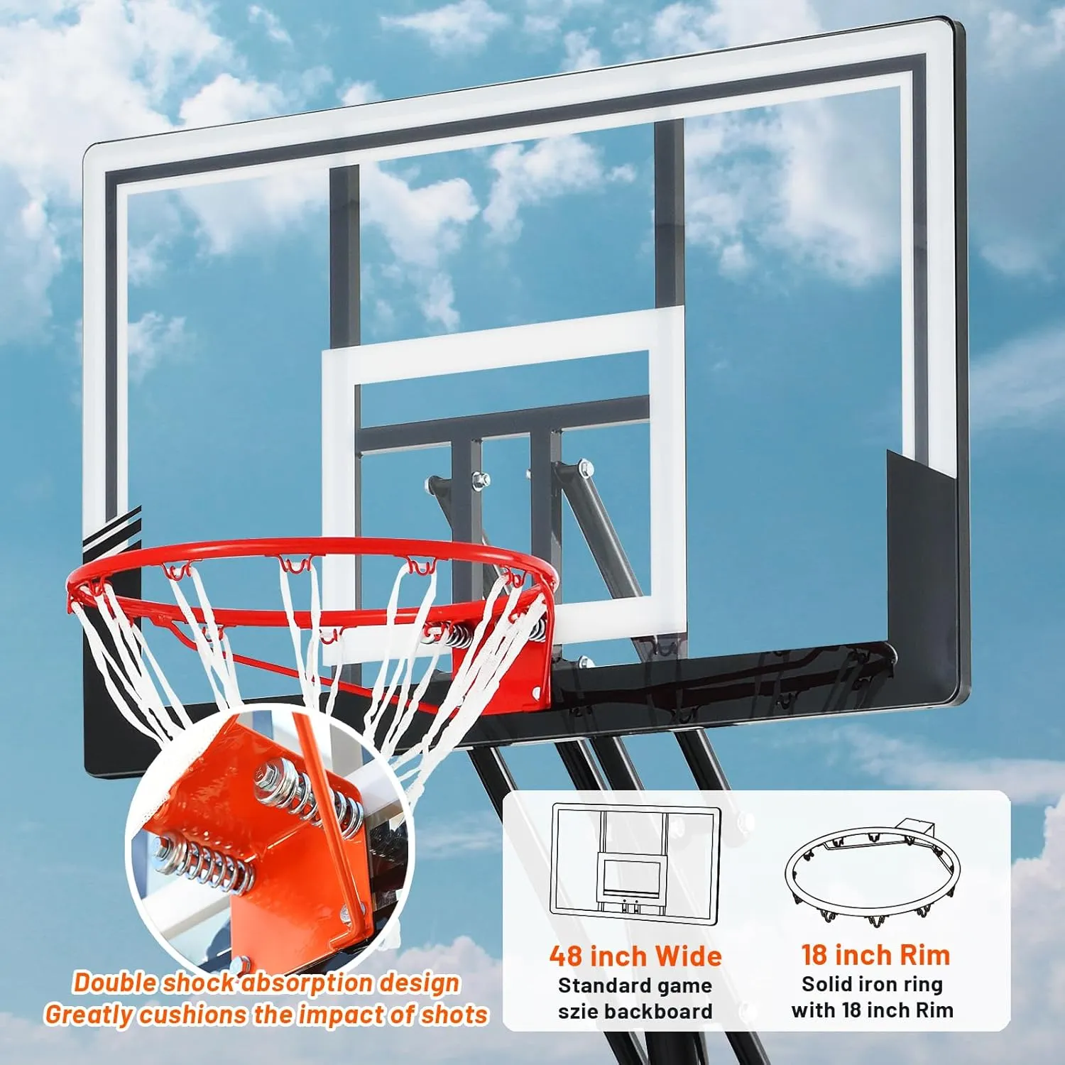 Basketball Hoop 48 Inch Backboard Portable Basketball Hoop Outdoor,5.3-10ft Stepless Regulation Crank Adjust Basketball Goal System