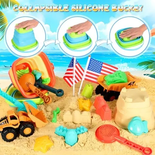 Beach Sand Toys for Kids, 29PCS Sandbox Toys with 2 Collapsible Bucket Sand, 2 Dump Truck, Dinosaur Sand Molds, Sand Castle Kit, Shovel Sieve,Flags,Mesh Bag Travel Beach Toys for Toddler 3-10