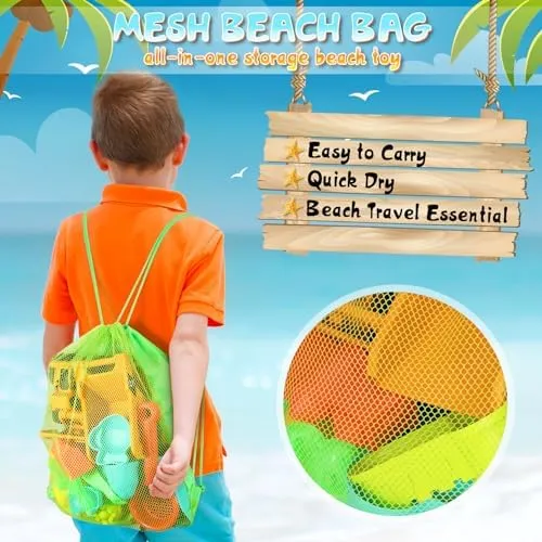 Beach Sand Toys for Kids, 29PCS Sandbox Toys with 2 Collapsible Bucket Sand, 2 Dump Truck, Dinosaur Sand Molds, Sand Castle Kit, Shovel Sieve,Flags,Mesh Bag Travel Beach Toys for Toddler 3-10