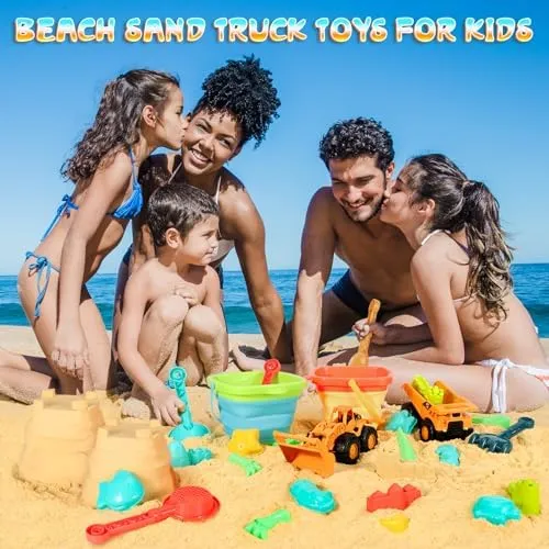 Beach Sand Toys for Kids, 29PCS Sandbox Toys with 2 Collapsible Bucket Sand, 2 Dump Truck, Dinosaur Sand Molds, Sand Castle Kit, Shovel Sieve,Flags,Mesh Bag Travel Beach Toys for Toddler 3-10
