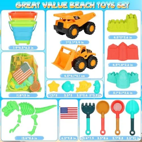 Beach Sand Toys for Kids, 29PCS Sandbox Toys with 2 Collapsible Bucket Sand, 2 Dump Truck, Dinosaur Sand Molds, Sand Castle Kit, Shovel Sieve,Flags,Mesh Bag Travel Beach Toys for Toddler 3-10