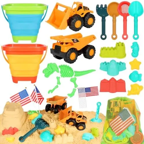 Beach Sand Toys for Kids, 29PCS Sandbox Toys with 2 Collapsible Bucket Sand, 2 Dump Truck, Dinosaur Sand Molds, Sand Castle Kit, Shovel Sieve,Flags,Mesh Bag Travel Beach Toys for Toddler 3-10