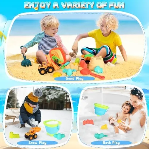 Beach Sand Toys for Kids, 29PCS Sandbox Toys with 2 Collapsible Bucket Sand, 2 Dump Truck, Dinosaur Sand Molds, Sand Castle Kit, Shovel Sieve,Flags,Mesh Bag Travel Beach Toys for Toddler 3-10