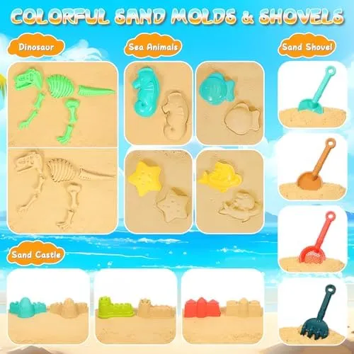 Beach Sand Toys for Kids, 29PCS Sandbox Toys with 2 Collapsible Bucket Sand, 2 Dump Truck, Dinosaur Sand Molds, Sand Castle Kit, Shovel Sieve,Flags,Mesh Bag Travel Beach Toys for Toddler 3-10