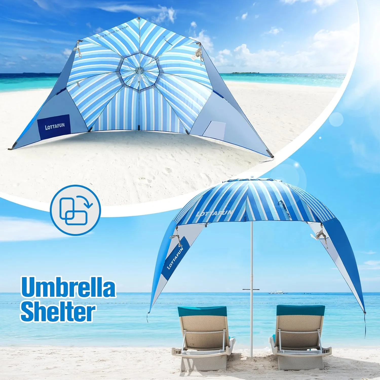 Beach Shelter Umbrella Premiere UPF 50  Umbrella Shelter for Sun and Rain Protection for Adult (10-Foot,Blue Stripe)