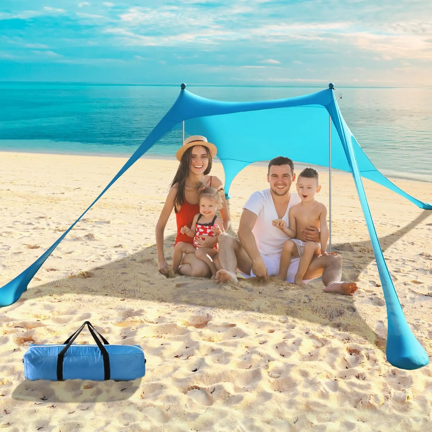Beach Tent - 9.8 * 6.5 FT Beach Canopy, Portable Beach Tent Sun Shelter UPF50 with 4 Sandbags, 2 Stability Poles Ground Pegs and Anti-Wind Ropes, Outdoor Beach Shade Canopy for Camping, Royal Blue