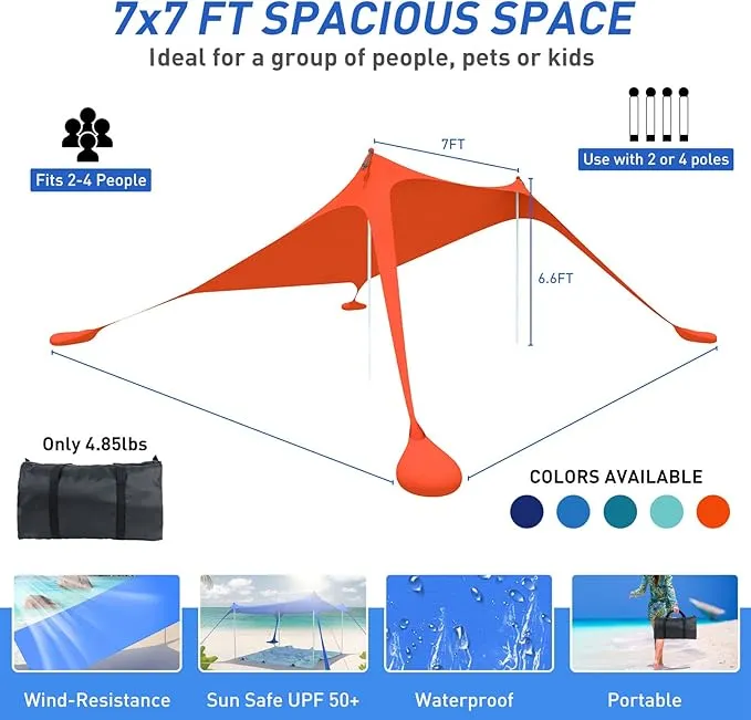 Beach Tent Pop Up Shade Canopy Sun Shelter UPF50  with 2 Stability Poles/Carry Bag/Ground Pegs/Sand Shovel/Windproof Ropes Portable Outdoor Family Sunshade for Beach Camping (Orange, 7×7FT)