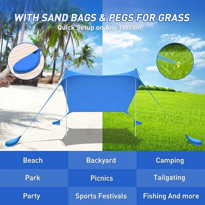 Beach Tent Pop Up Shade Canopy Sun Shelter UPF50  with 2 Stability Poles/Carry Bag/Ground Pegs/Sand Shovel/Windproof Ropes Portable Outdoor Family Sunshade for Beach Camping (Orange, 7×7FT)
