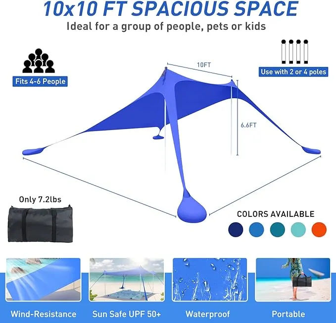 Beach Tent Pop Up Shade Canopy Sun Shelter UPF50  with 2 Stability Poles/Carry Bag/Ground Pegs/Sand Shovel/Windproof Ropes Portable Outdoor Family Sunshade for Beach Camping(Navy Blue,10×10FT)