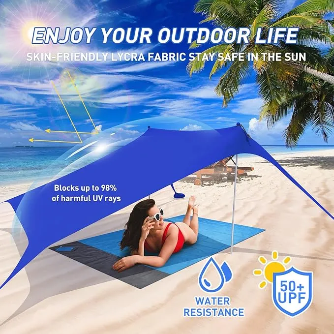 Beach Tent Pop Up Shade Canopy Sun Shelter UPF50  with 2 Stability Poles/Carry Bag/Ground Pegs/Sand Shovel/Windproof Ropes Portable Outdoor Family Sunshade for Beach Camping(Navy Blue,10×10FT)