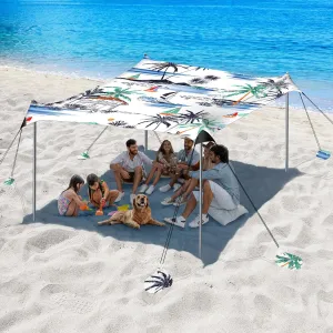 Beach Tent Sun Shelter, 10 x 10 FT Beach Canopy Tent Sun Shade, UPF50  Beach Tent Canopy with 8 Sandbags & 4 Stability Poles, Outdoor Beach Tent for Beach Camping Fishing, Boat