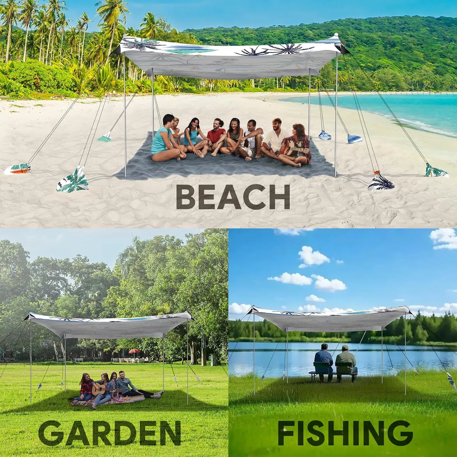 Beach Tent Sun Shelter, 10 x 10 FT Beach Canopy Tent Sun Shade, UPF50  Beach Tent Canopy with 8 Sandbags & 4 Stability Poles, Outdoor Beach Tent for Beach Camping Fishing, Boat