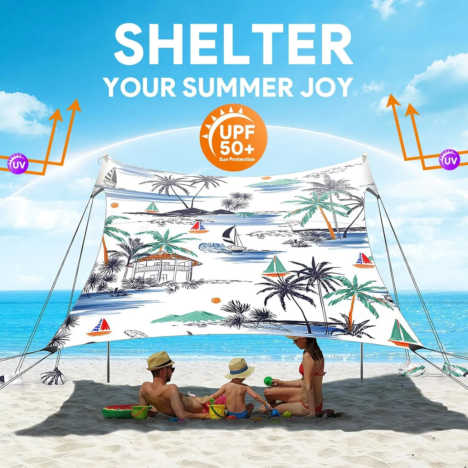 Beach Tent Sun Shelter, 10 x 10 FT Beach Canopy Tent Sun Shade, UPF50  Beach Tent Canopy with 8 Sandbags & 4 Stability Poles, Outdoor Beach Tent for Beach Camping Fishing, Boat