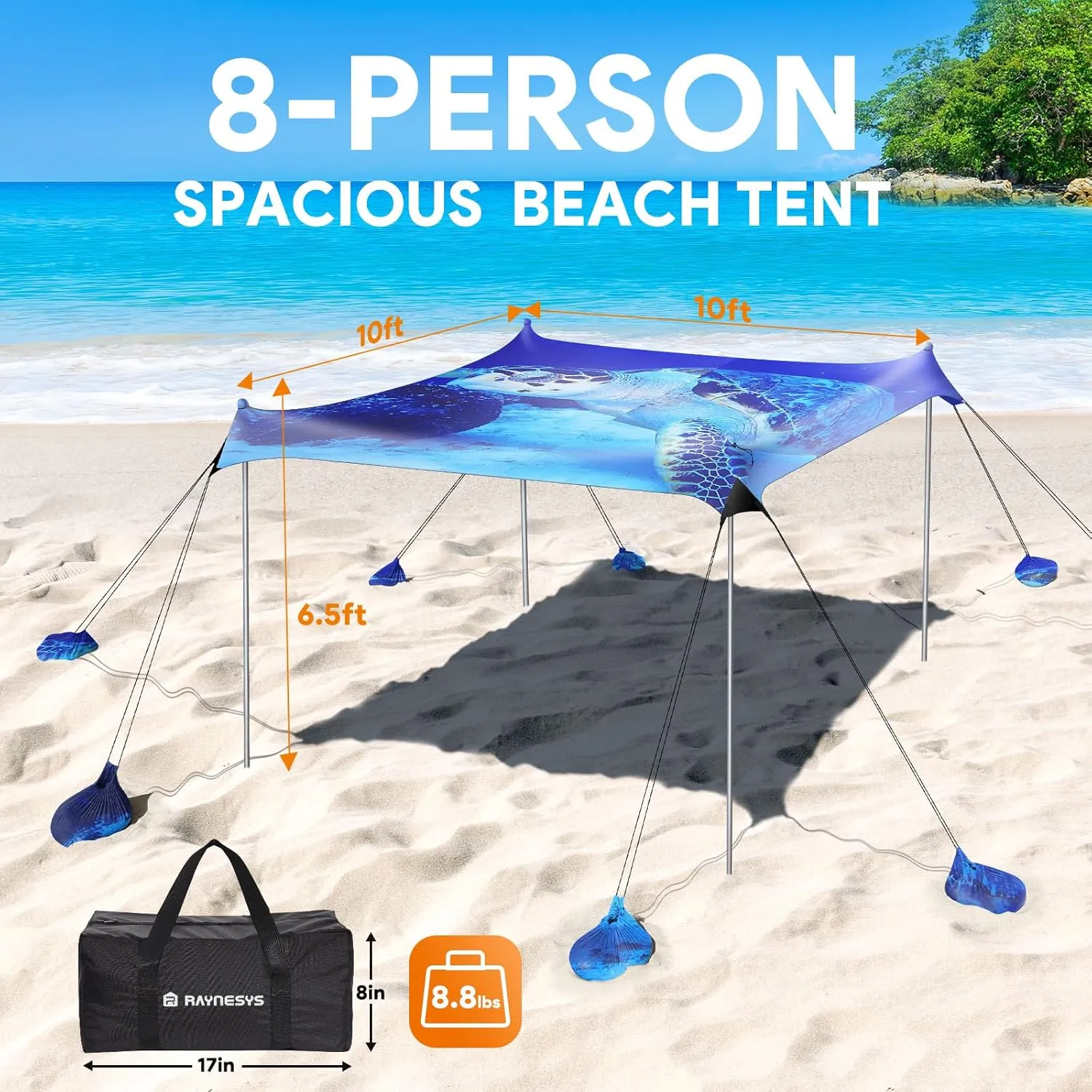 Beach Tent Sun Shelter, 10 x 10 FT Beach Canopy Tent Sun Shade, UPF50  Beach Tent Canopy with 8 Sandbags & 4 Stability Poles, Outdoor Beach Tent for Beach Camping Fishing, Turtle
