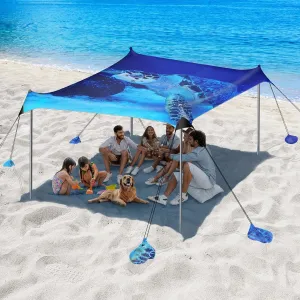 Beach Tent Sun Shelter, 10 x 10 FT Beach Canopy Tent Sun Shade, UPF50  Beach Tent Canopy with 8 Sandbags & 4 Stability Poles, Outdoor Beach Tent for Beach Camping Fishing, Turtle