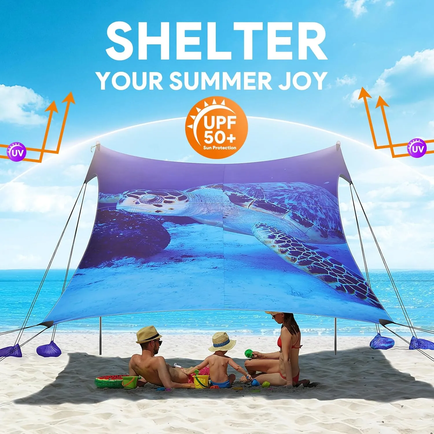 Beach Tent Sun Shelter, 10 x 10 FT Beach Canopy Tent Sun Shade, UPF50  Beach Tent Canopy with 8 Sandbags & 4 Stability Poles, Outdoor Beach Tent for Beach Camping Fishing, Turtle