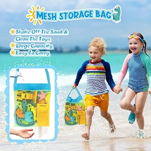 Beach Toys, 31Pcs Sand Toys, Sandbox Toys with 2 Truck 2 Collapsible Sand Bucket, Shovel Set, Sand Castle Kit, Animal Dinosaur Molds etc. Mesh Bag, Travel Toys for Kids Toddlers Boys Girls